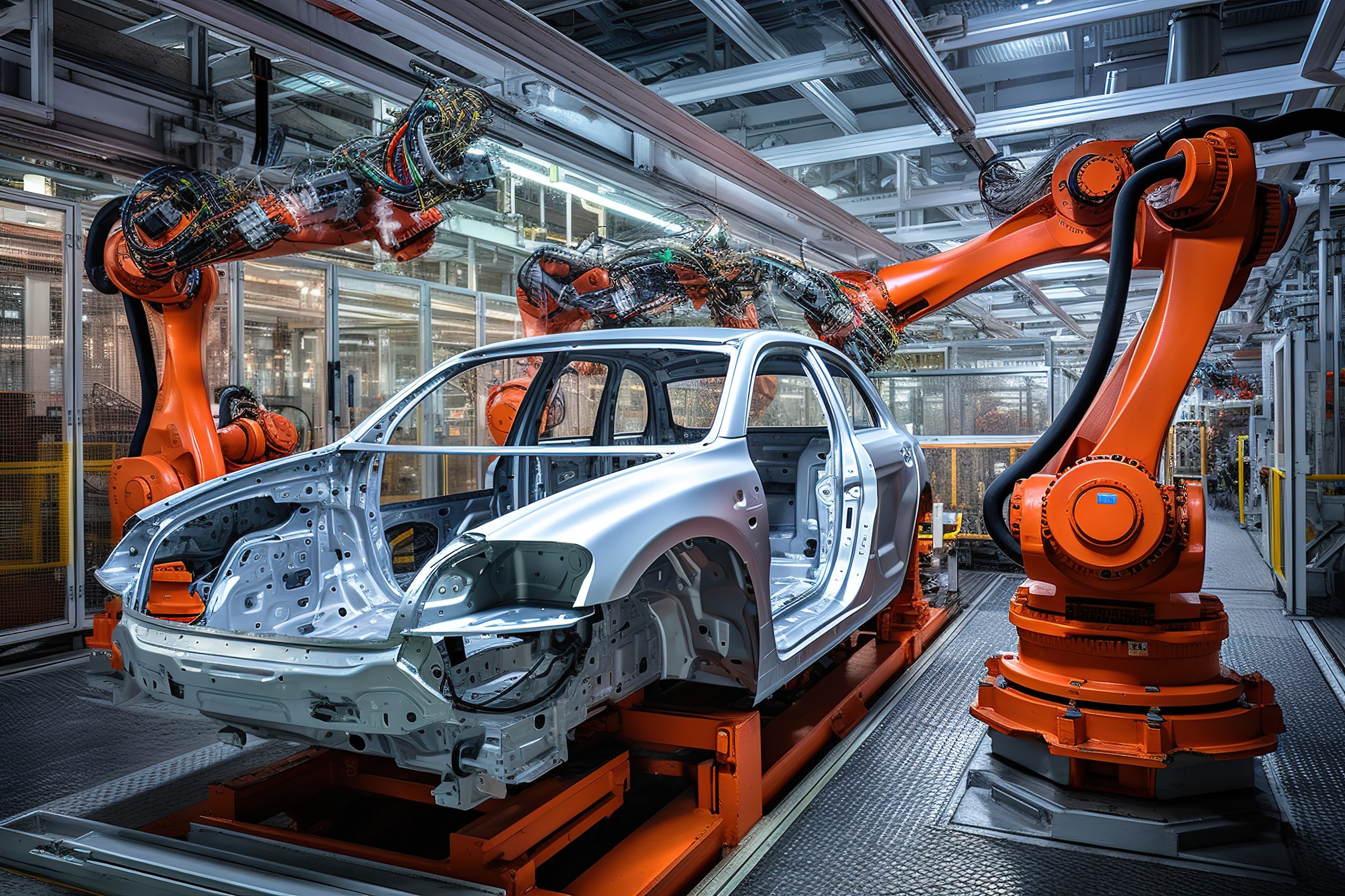 Robotic assembly line in an automotive factory